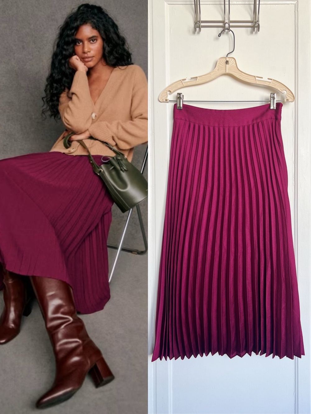 SEZANE • Dune Skirt accordion pleated midi Wine maroon burgundy satin